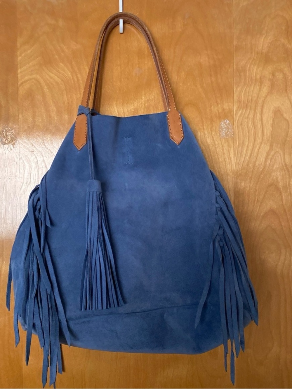 Ala Pilar Blue Suede Fringe Tote Bag with Tassel